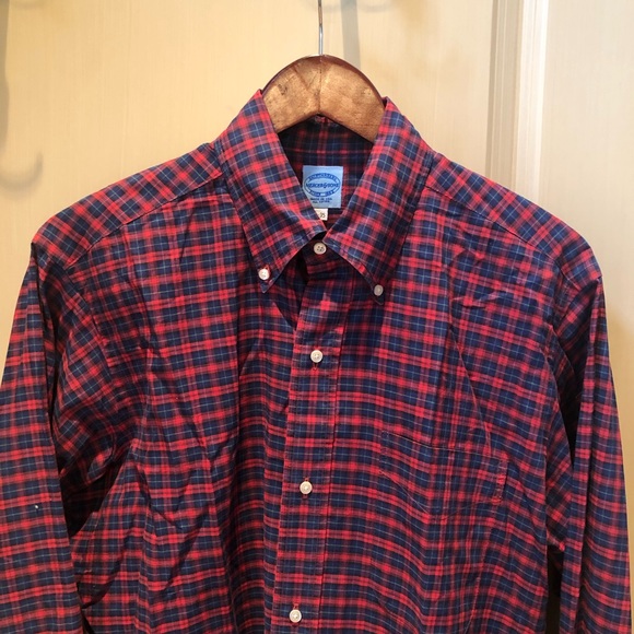 MERCER & SONS USA Pinpoint Tartan Red and Navy Oxford Check Shirt, 15.5 x 35 - Picture 5 of 10